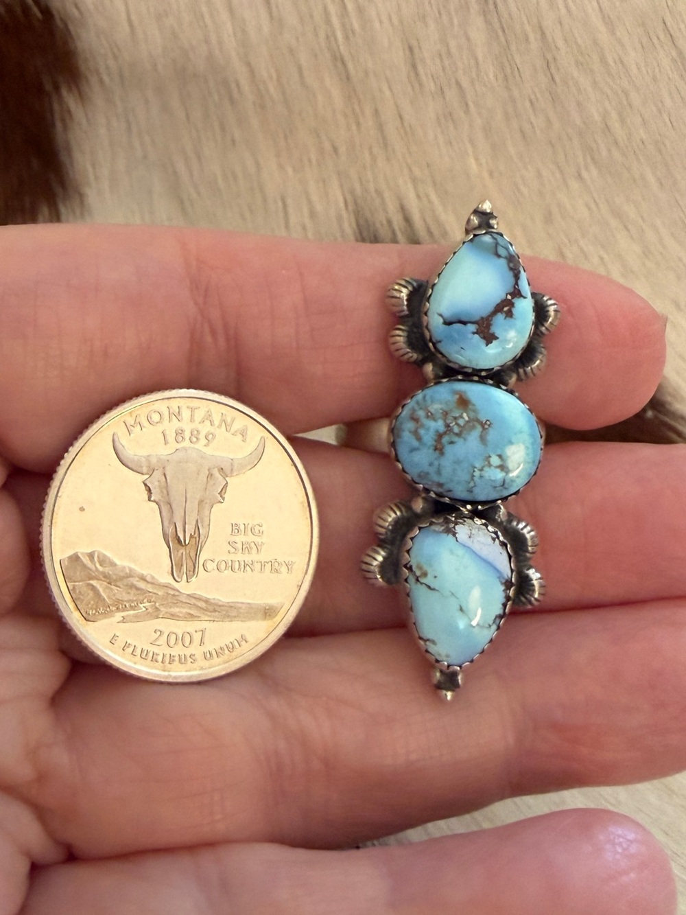 ❤️ Golden Hills 3 Stone Turquoise Sterling Silver Navajo Style Ring Adjustable - Picture 8 of 16